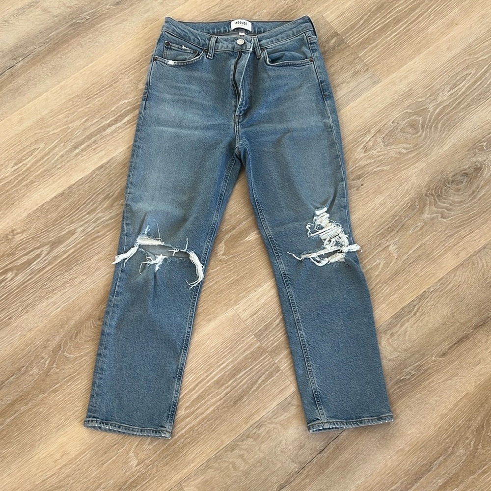 Agolde Blue Straight Leg Jeans with Distressed Details